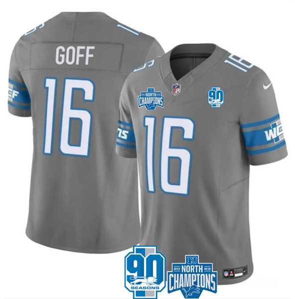 Men & Women & Youth Detroit Lions #16 Jared Goff Gray 2023 90th Anniversary North Division Champions Patch Limited Stitched Jersey,We sell and wholesale Men & Women & Youth Detroit Lions #16 Jared Goff Gray 2023 90th Anniversary North Division Champions Patch Limited Stitched Jersey on line form chian!